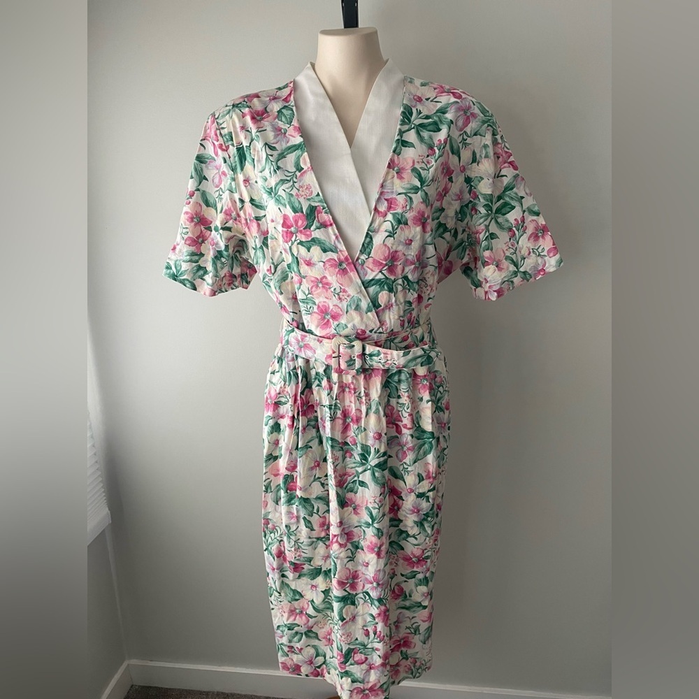 80s Vintage Enge Collection Foral Secretary Wrap Dress Modi Belted Grandma